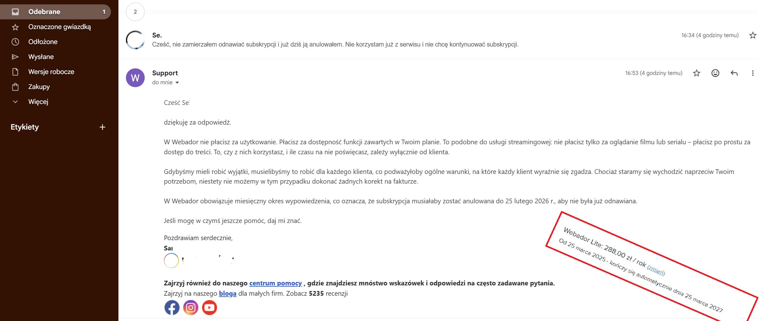 Odpowiedź supportu platformy abonamentowej dotycząca automatycznego odnowienia subskrypcji